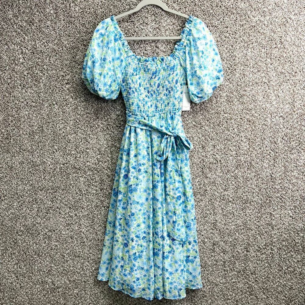 Aura Dress Women’s S Blue/Green Floral Print Smocked Short Puff Sleeve Midi‎ NWT